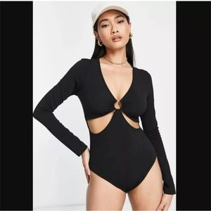 Topshop O-ring Cutout Long Sleeve Bodysuit Black Size 4-6